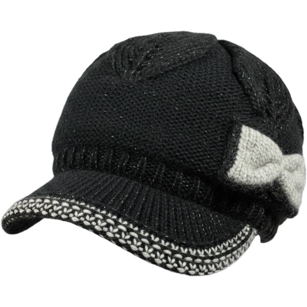Indigo Soul Womens Black Metallic Knit Cabbie Hat with Bow Accent One Size